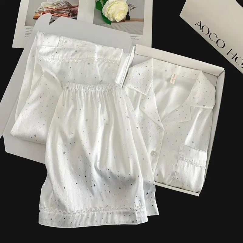 Summer Short-sleeved Ice Silk Pajamas with Chest Pad Women's Thin High-end Fashion Three-piece Ice Silk Home Clothes suit