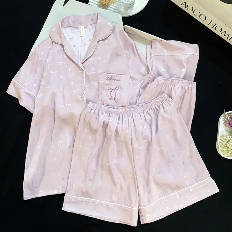 Summer Short-sleeved Ice Silk Pajamas with Chest Pad Women's Thin High-end Fashion Three-piece Ice Silk Home Clothes suit