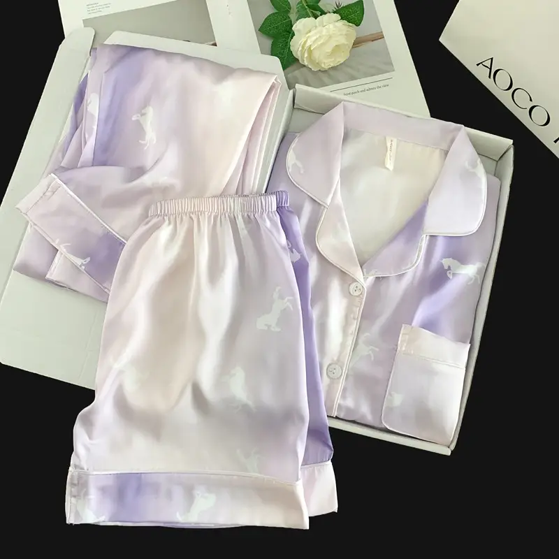 Summer Short-sleeved Ice Silk Pajamas with Chest Pad Women's Thin High-end Fashion Three-piece Ice Silk Home Clothes suit
