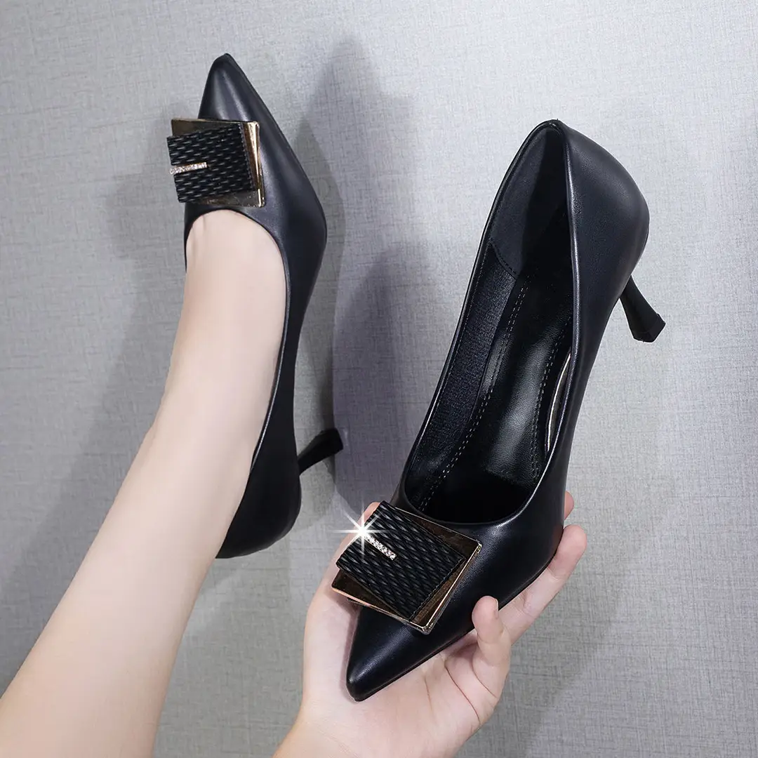 Mid-Heel French Square Buckle High Heels for Women 2026 Spring and Autumn New Work Shoes Shallow Mouth Stiletto Heel Comfortable Pointed Toe Single Shoes — feature 1