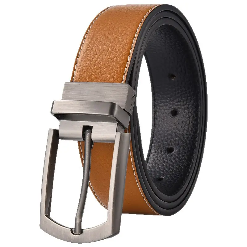 Men's Yellow Leather Belt with Silver Pin Buckle - Image 14