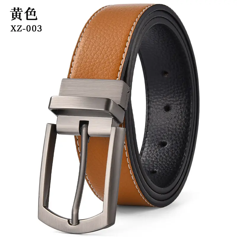 Men's Yellow Leather Belt with Silver Pin Buckle - Image 3