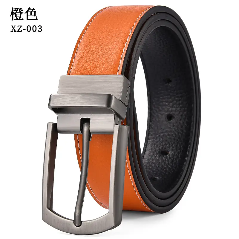 Men's Yellow Leather Belt with Silver Pin Buckle - Image 5