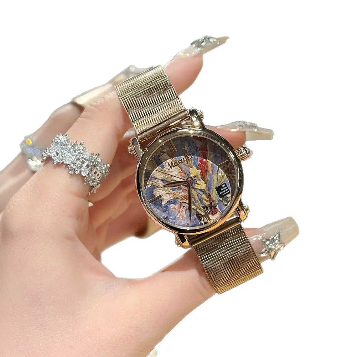 Women's Artistic Feather Watch with Gold Mesh Band - Image 7