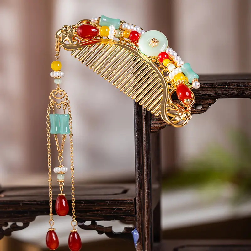 New Chinese Style Antique Hair Comb with Red Gemstones - Image 4