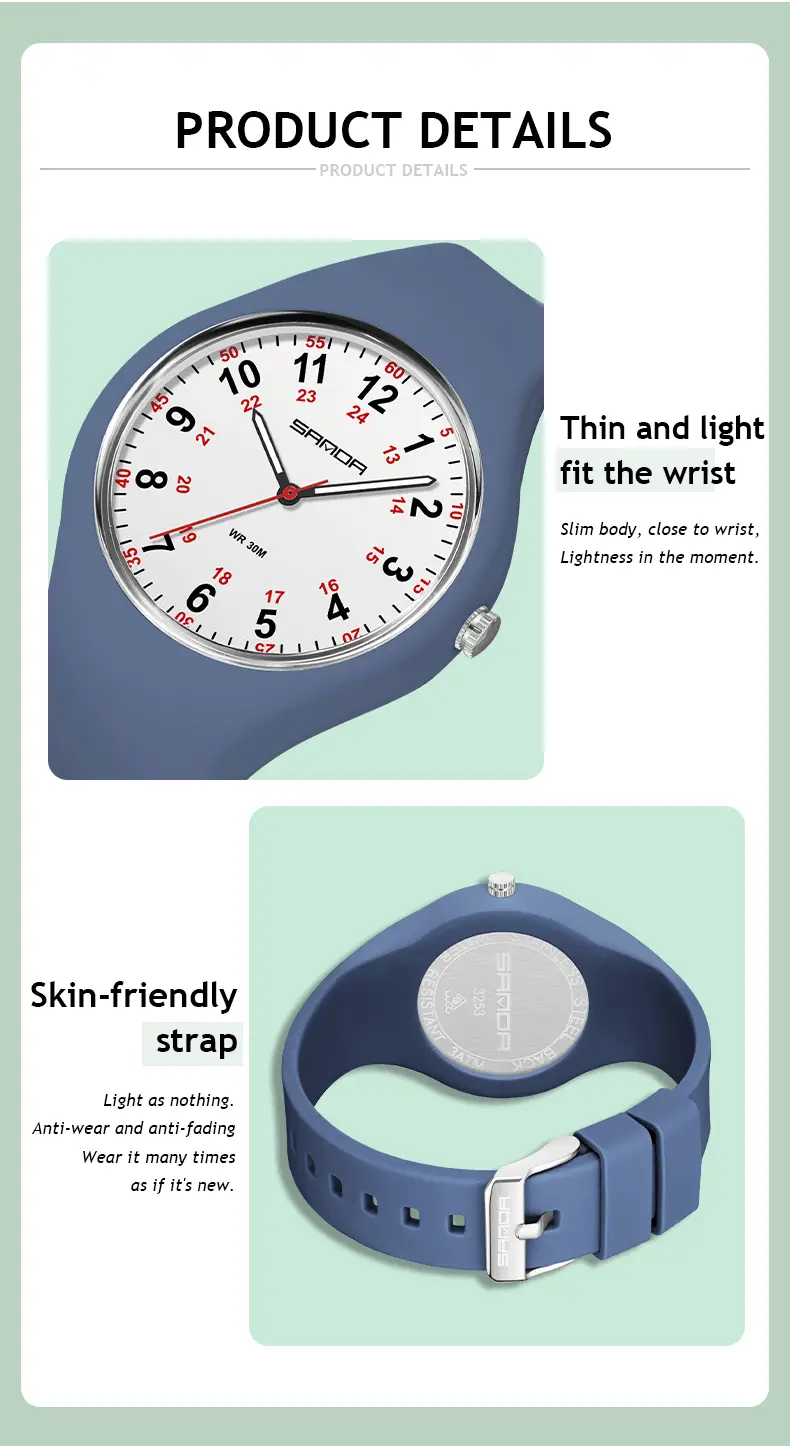 Sanda White Silicone Waterproof Student Quartz Watch — feature 36