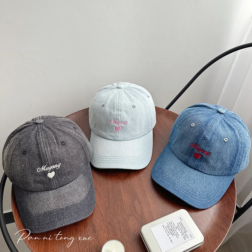 Women Blue Denim Baseball Cap with Embroidered Love Design