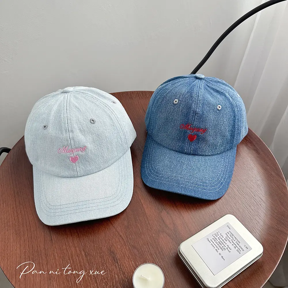 Women Blue Denim Baseball Cap with Embroidered Love Design