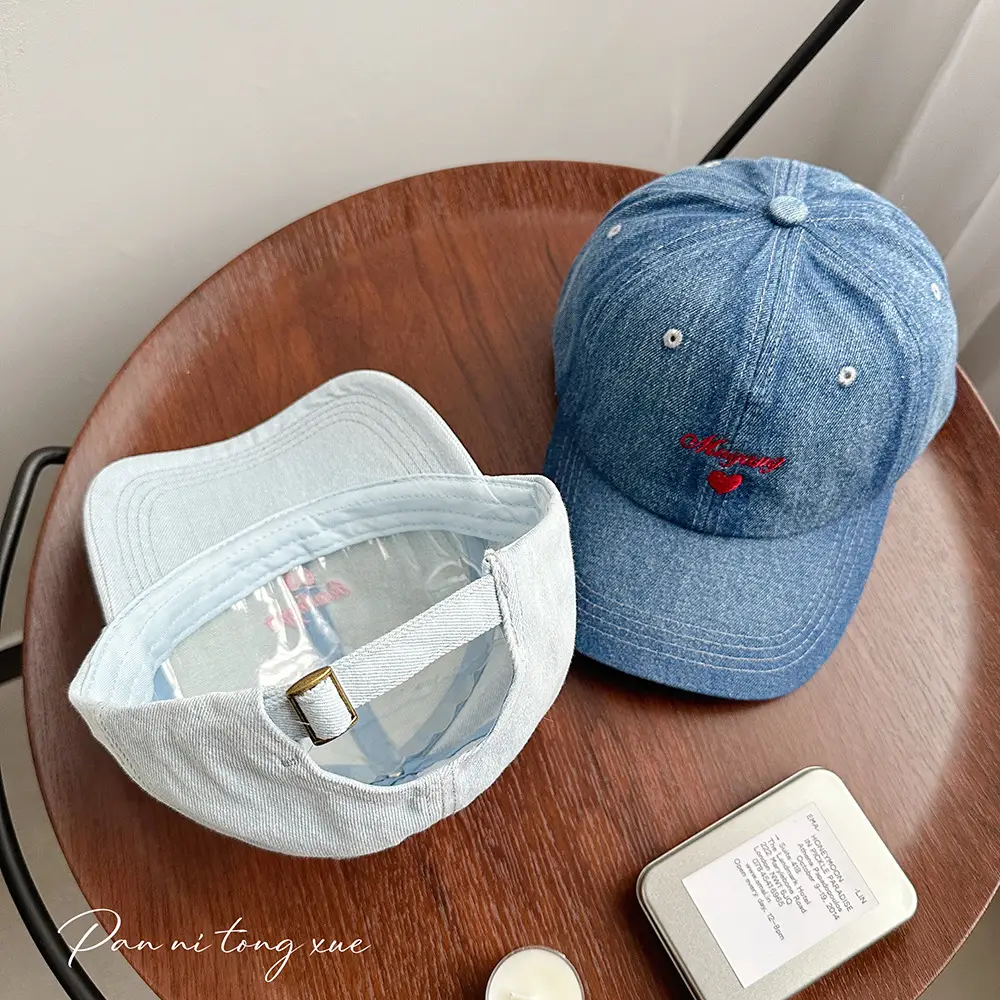 Women Blue Denim Baseball Cap with Embroidered Love Design