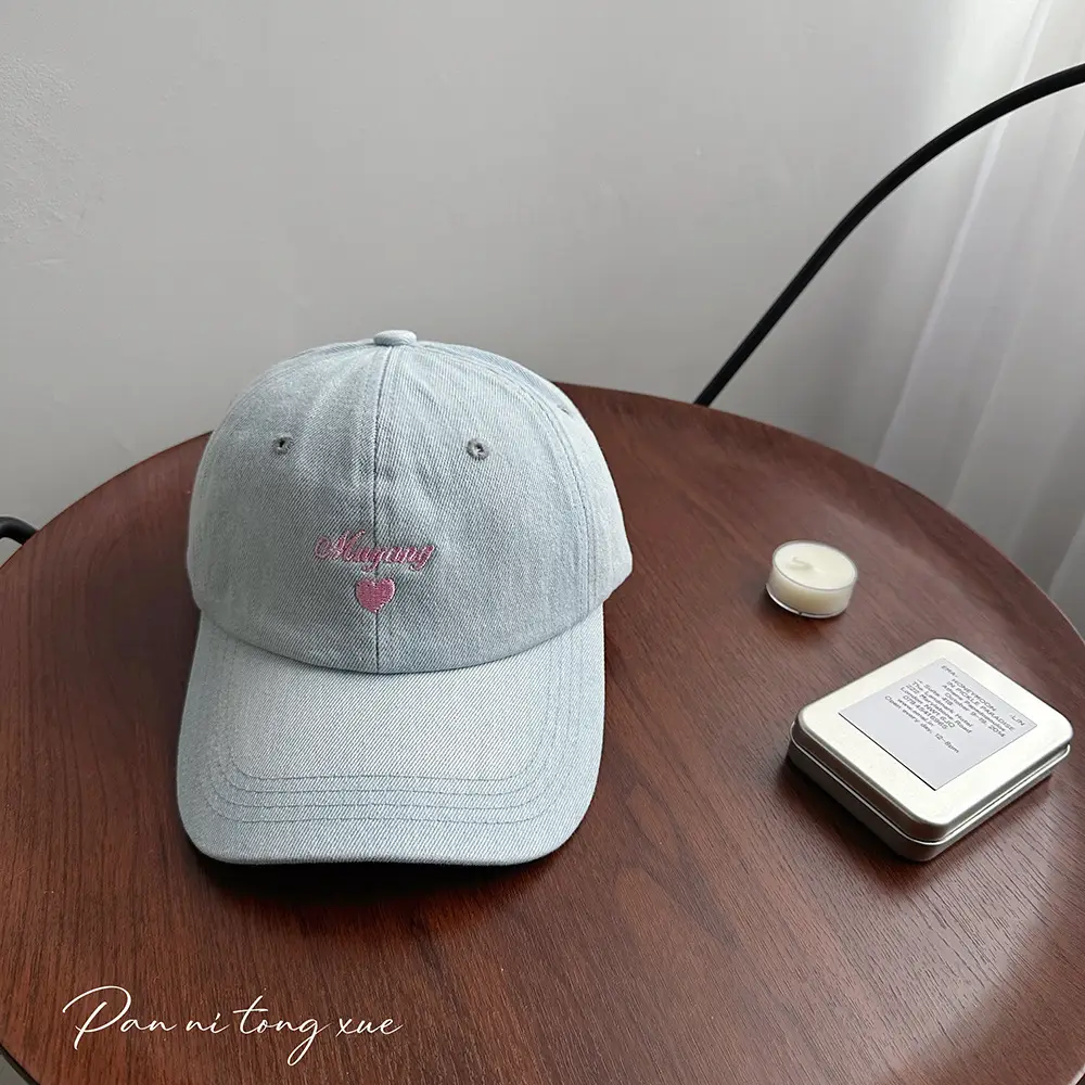 Women Blue Denim Baseball Cap with Embroidered Love Design