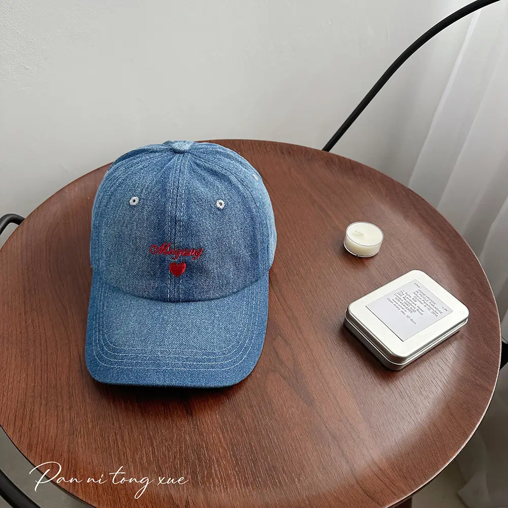 Women Blue Denim Baseball Cap with Embroidered Love Design