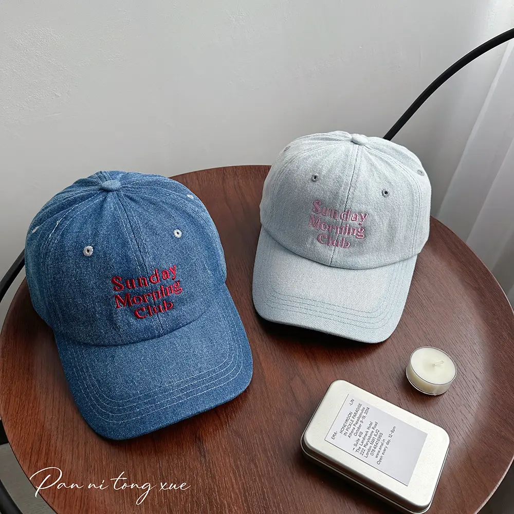 Women Denim Sun Hat with Multi-Row Letter Embroidery - Image 4