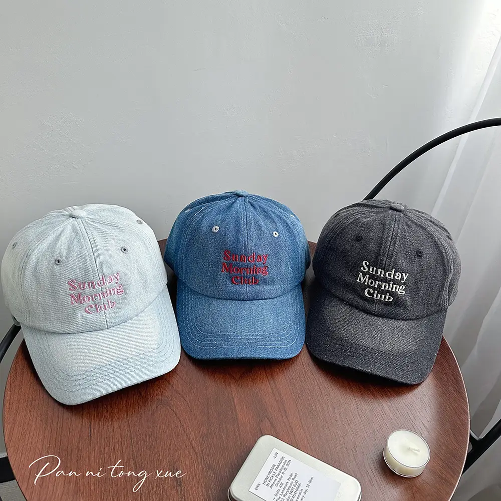 Women Denim Sun Hat with Multi-Row Letter Embroidery - Image 5