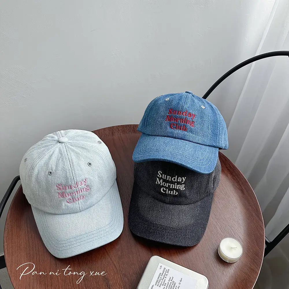Women Denim Sun Hat with Multi-Row Letter Embroidery - Image 6