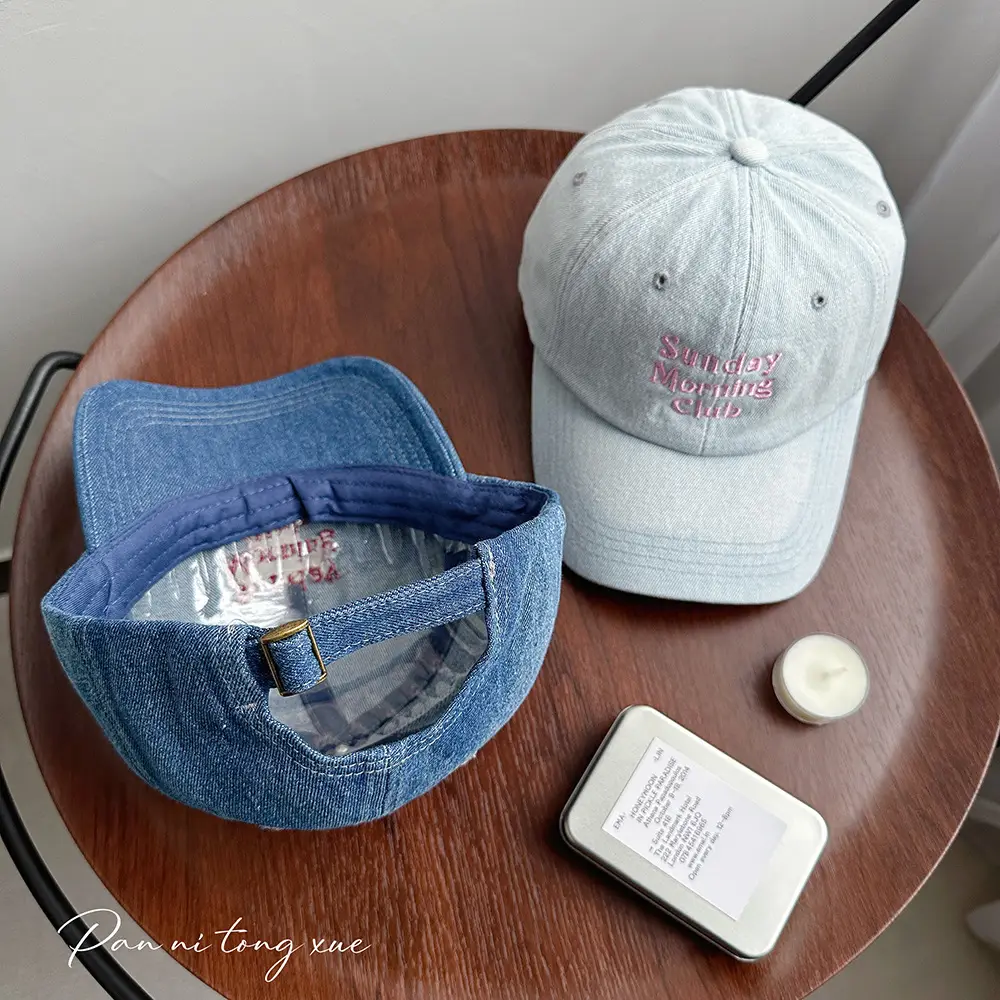 Women Denim Sun Hat with Multi-Row Letter Embroidery - Image 7