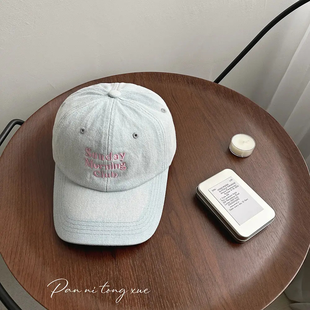 Women Denim Sun Hat with Multi-Row Letter Embroidery - Image 2