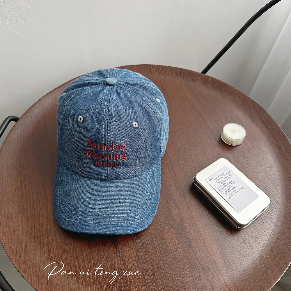 Women Denim Sun Hat with Multi-Row Letter Embroidery - Image 3