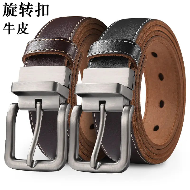 Men's Leather Belt Yellow Double Sided Rotating Pin Buckle — feature 15