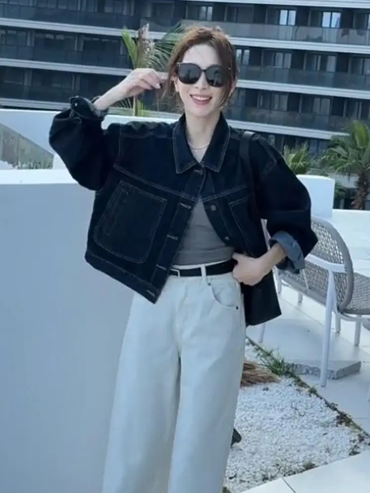 Dark Blue Vintage Denim Coat Women Spring Autumn Casual Pocket Top