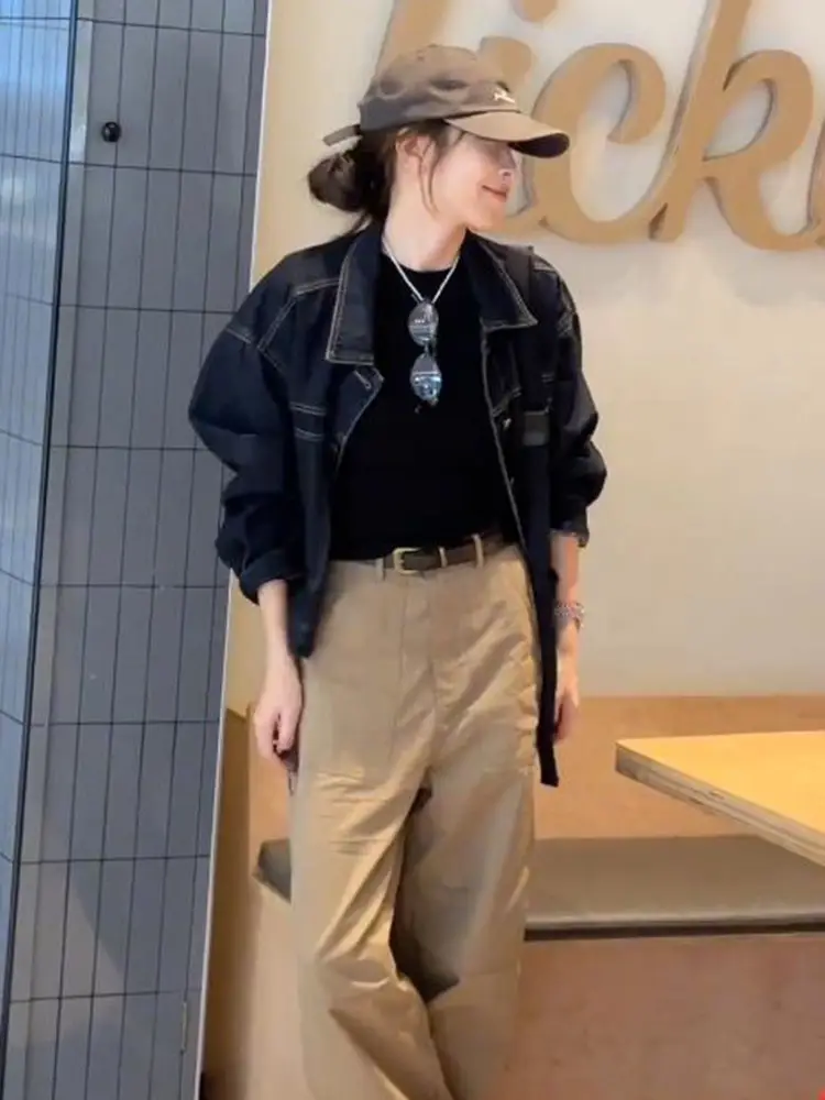 Dark Blue Vintage Denim Coat Women Spring Autumn Casual Pocket Top — feature 13