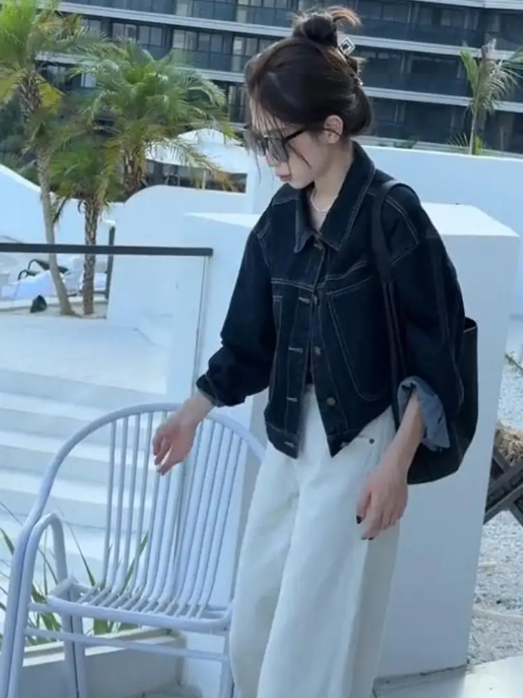 Dark Blue Vintage Denim Coat Women Spring Autumn Casual Pocket Top — feature 3