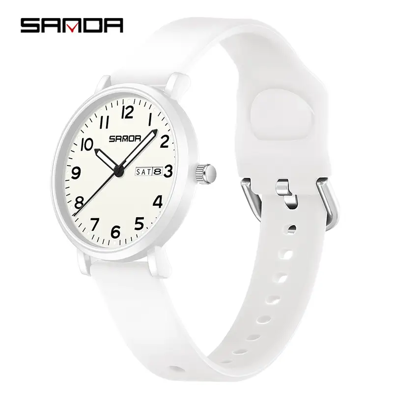 Sanda White Quartz Watch with Double Calendar - Image 5