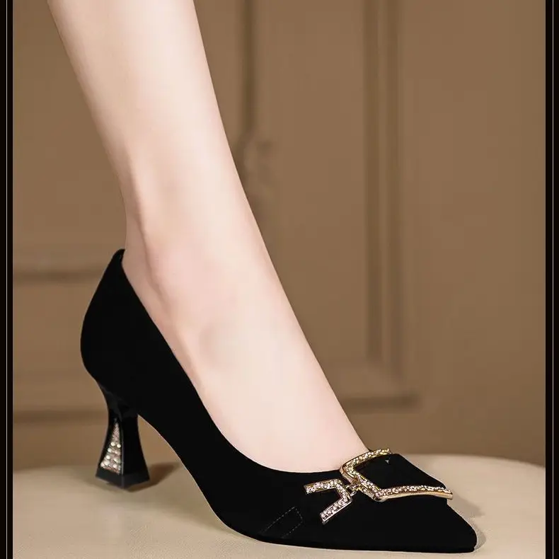 Black Pointed High Heels Women's Spring and Autumn Mid-heel 2025 New Elegant French Shallow Mouth Professional Work Shoes Women's Single-layer Shoes - Image 5