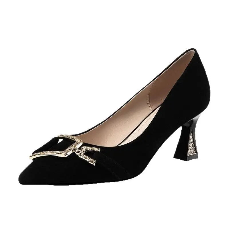 Black Pointed High Heels Women's Spring and Autumn Mid-heel 2025 New Elegant French Shallow Mouth Professional Work Shoes Women's Single-layer Shoes - Image 6