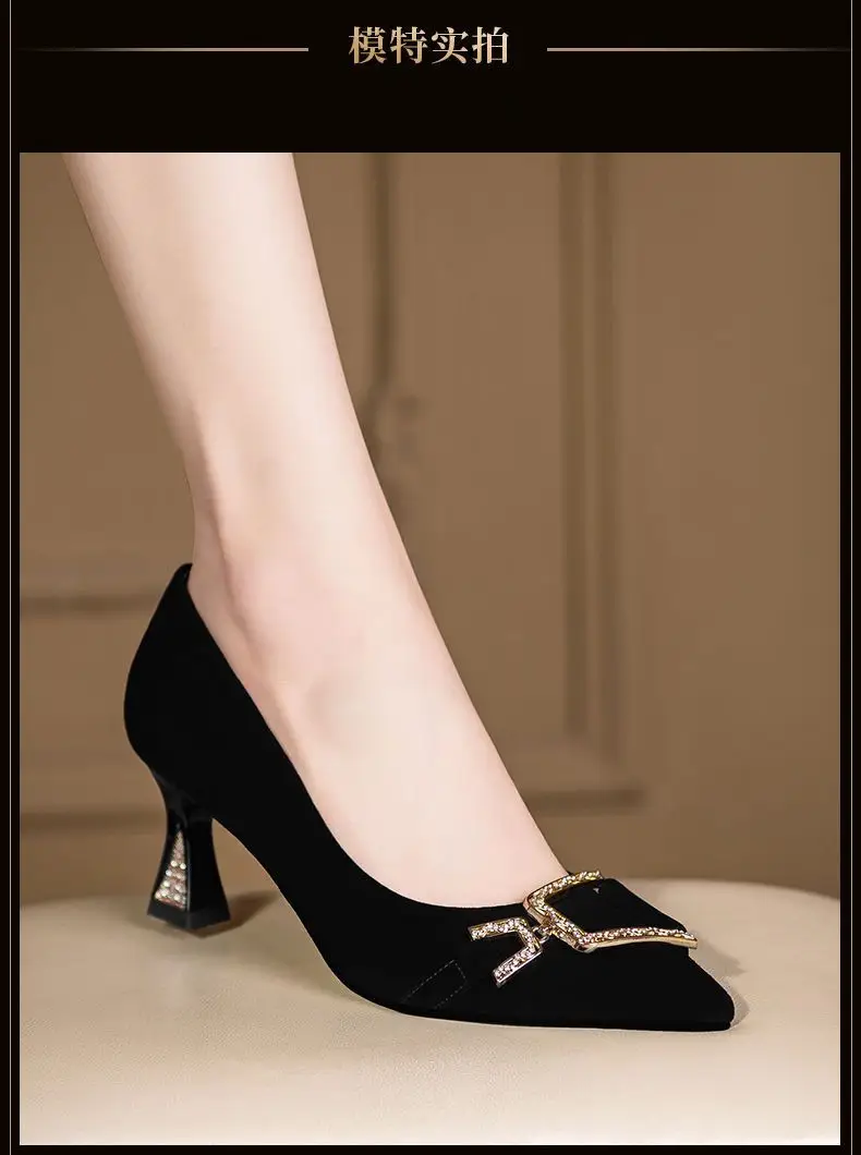 Black Pointed High Heels Women's Spring and Autumn Mid-heel 2025 New Elegant French Shallow Mouth Professional Work Shoes Women's Single-layer Shoes — feature 1