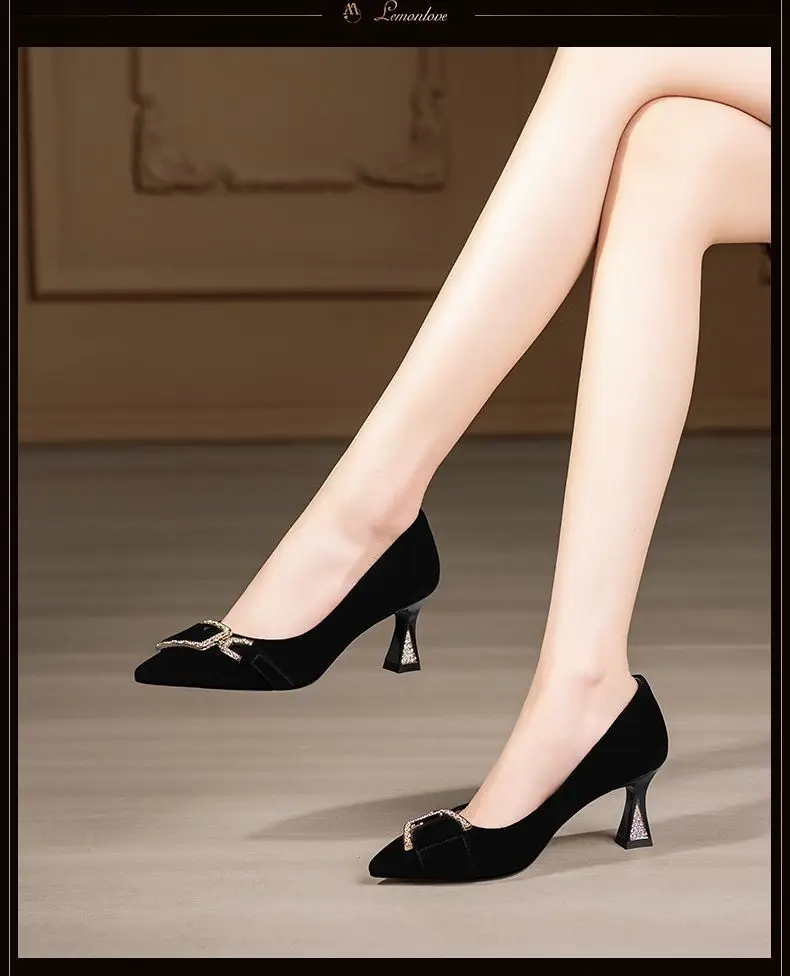 Black Pointed High Heels Women's Spring and Autumn Mid-heel 2025 New Elegant French Shallow Mouth Professional Work Shoes Women's Single-layer Shoes — feature 3