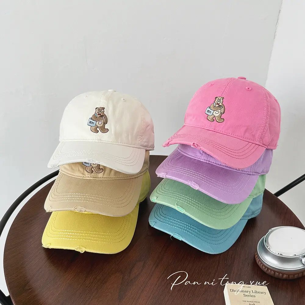 Embroidered Bear Cap for Kids in Pink Blue Beige - Image 9