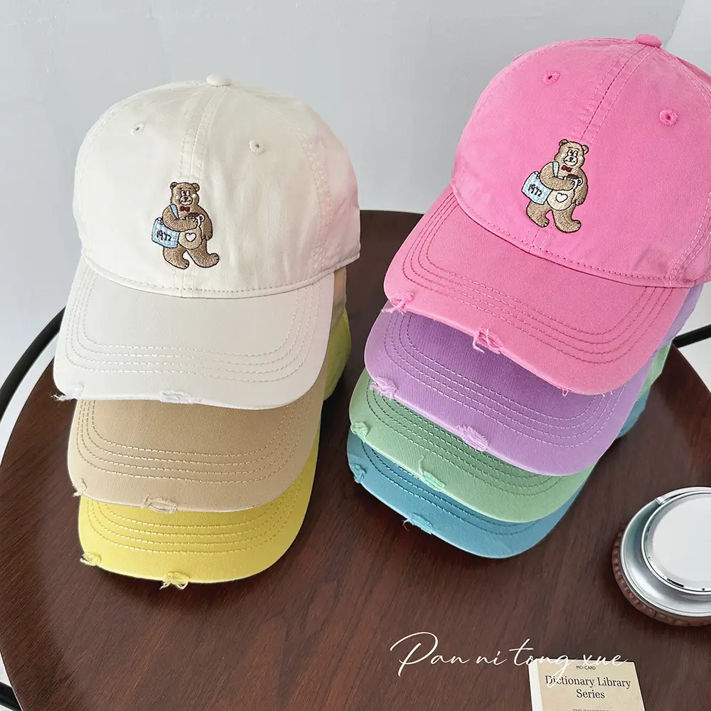 Embroidered Bear Cap for Kids in Pink Blue Beige — feature 25