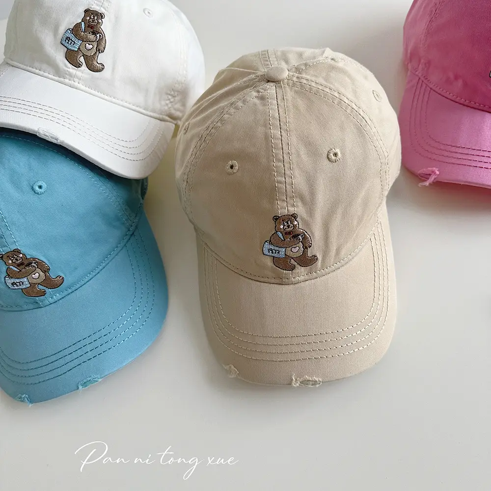 Embroidered Bear Cap for Kids in Pink Blue Beige — feature 27