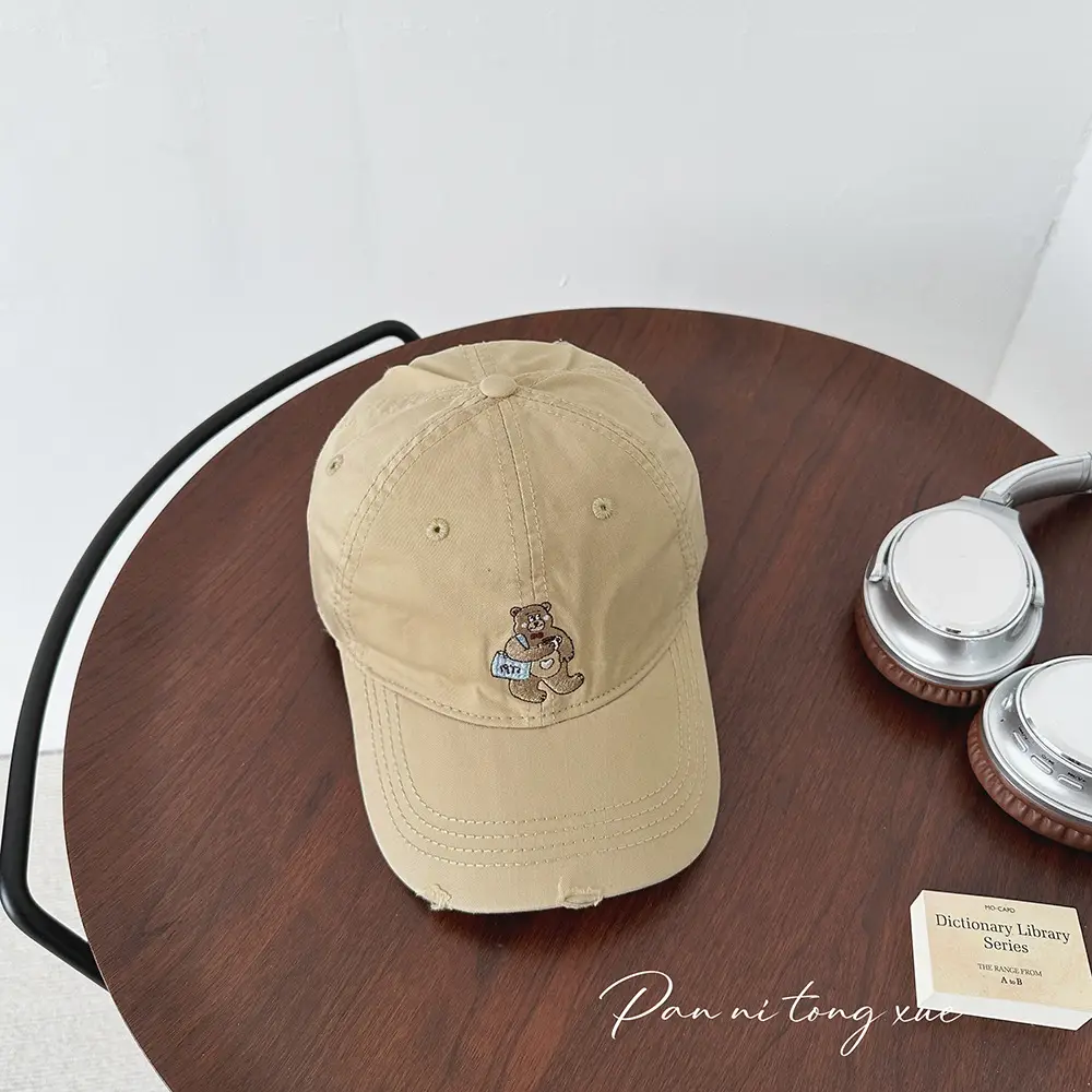 Embroidered Bear Cap for Kids in Pink Blue Beige - Image 3