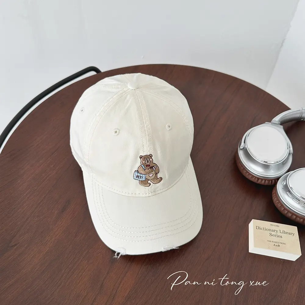 Embroidered Bear Cap for Kids in Pink Blue Beige - Image 4