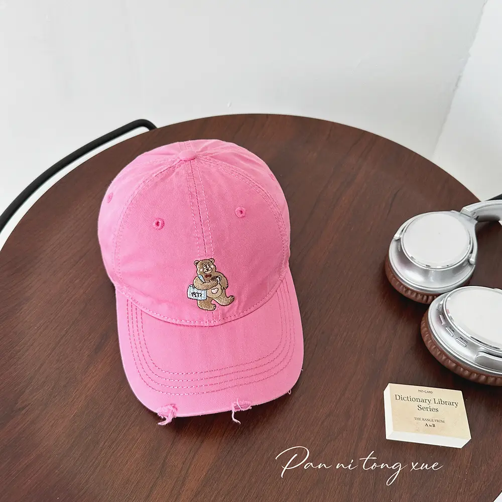 Embroidered Bear Cap for Kids in Pink Blue Beige - Image 5
