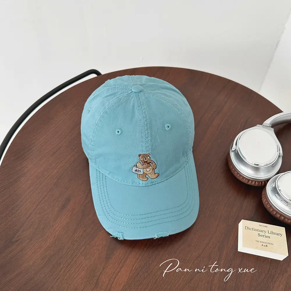 Embroidered Bear Cap for Kids in Pink Blue Beige - Image 6