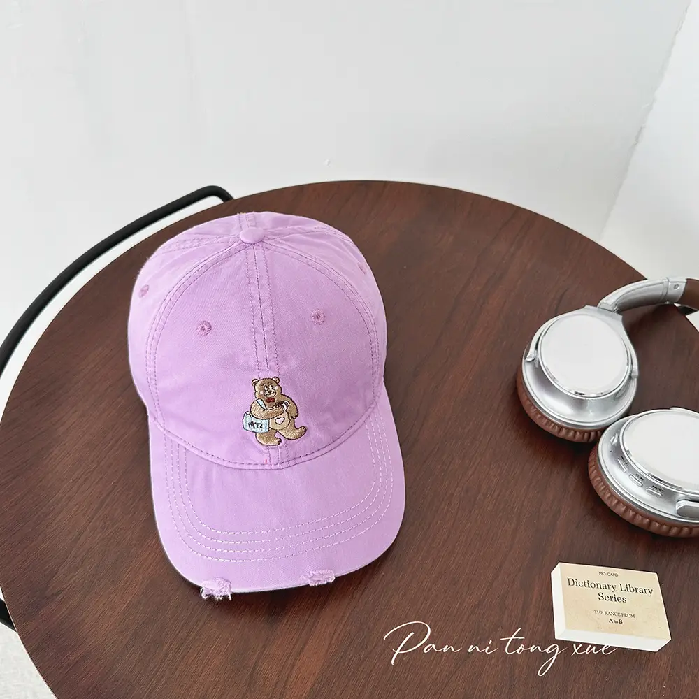 Embroidered Bear Cap for Kids in Pink Blue Beige - Image 7