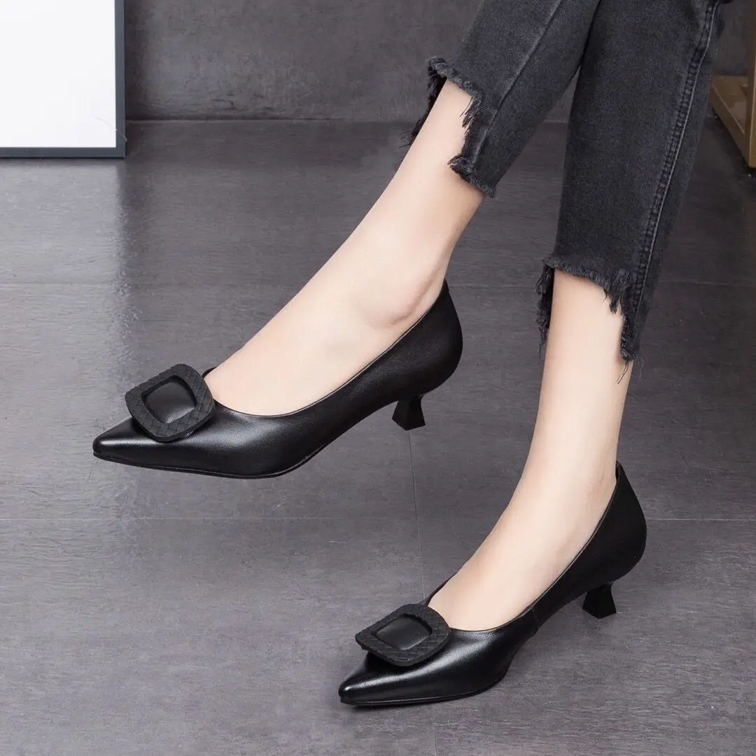 Long Stand Not Tired Feet High Heels Women's Temperament New Commuter Professional plus size Work Shoes Soft Sole Thin Heel Black Single Shoes — feature 6