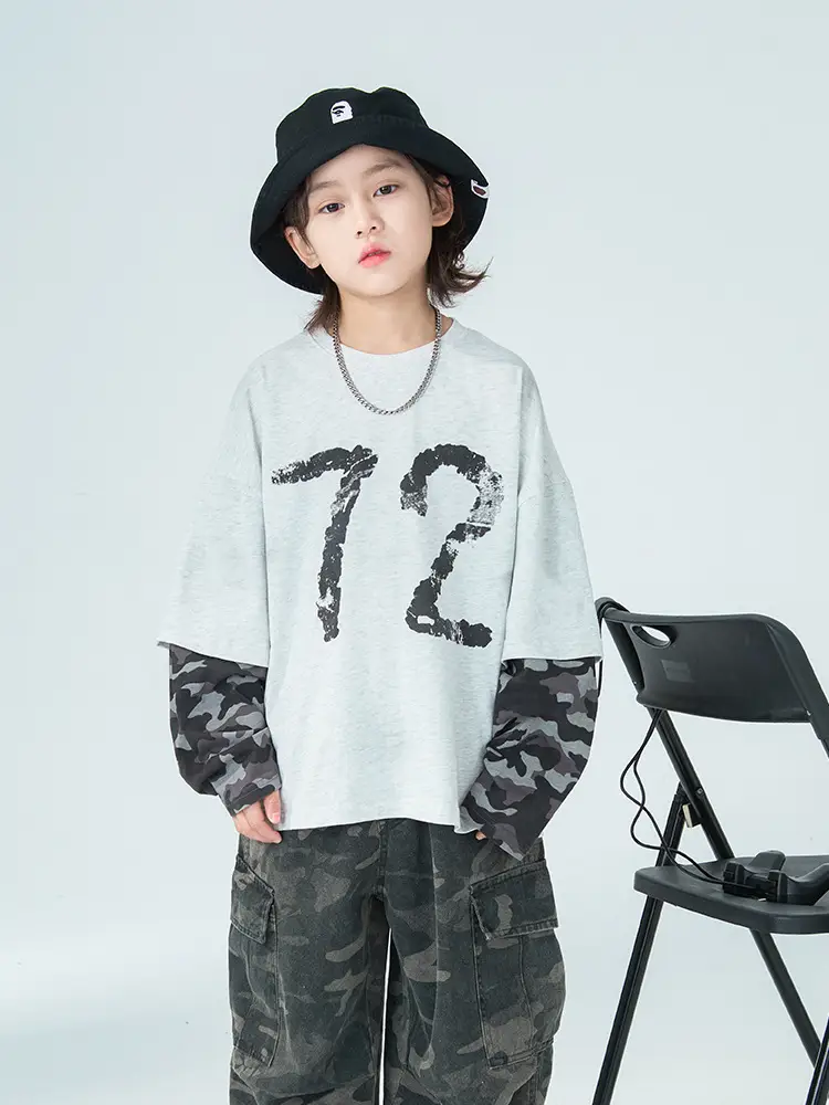 Boys Fake Two-Piece Long Sleeve T-Shirt Grey Camo Pants Set - Image 2