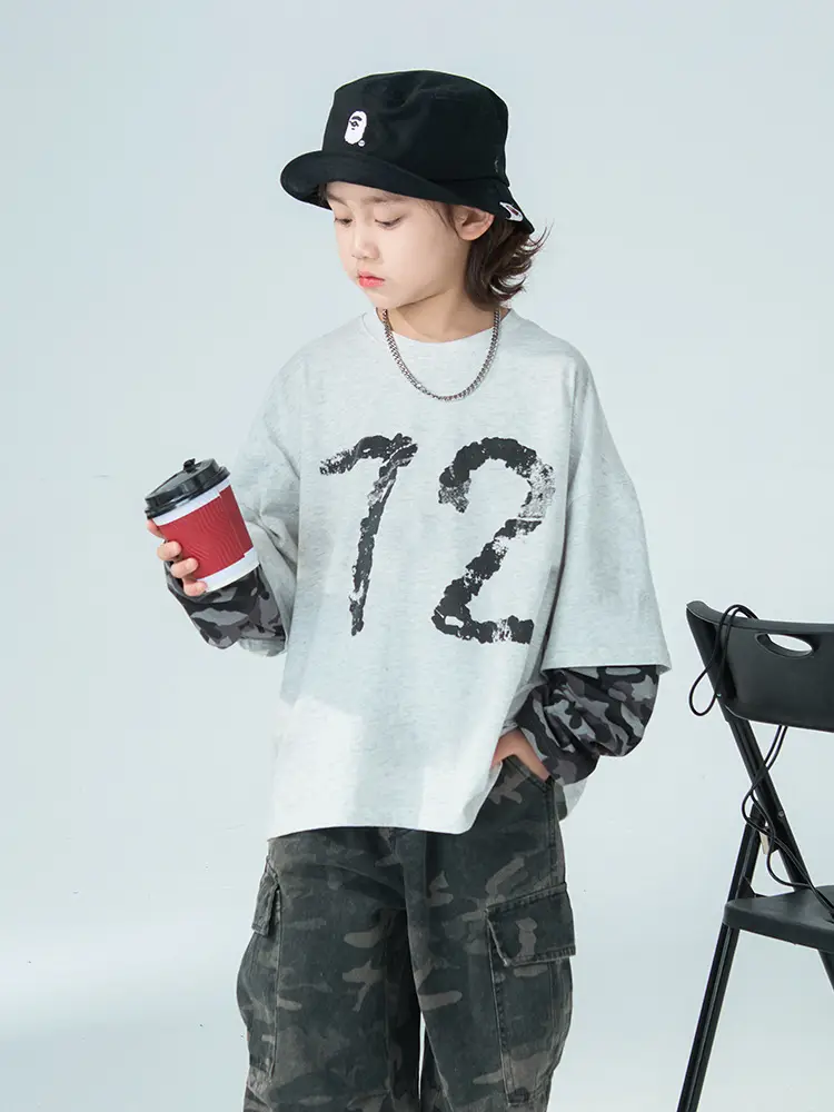 Boys Fake Two-Piece Long Sleeve T-Shirt Grey Camo Pants Set - Image 3