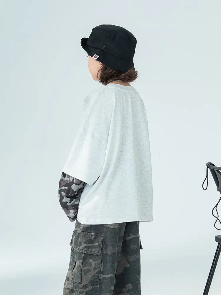 Boys Fake Two-Piece Long Sleeve T-Shirt Grey Camo Pants Set - Image 4