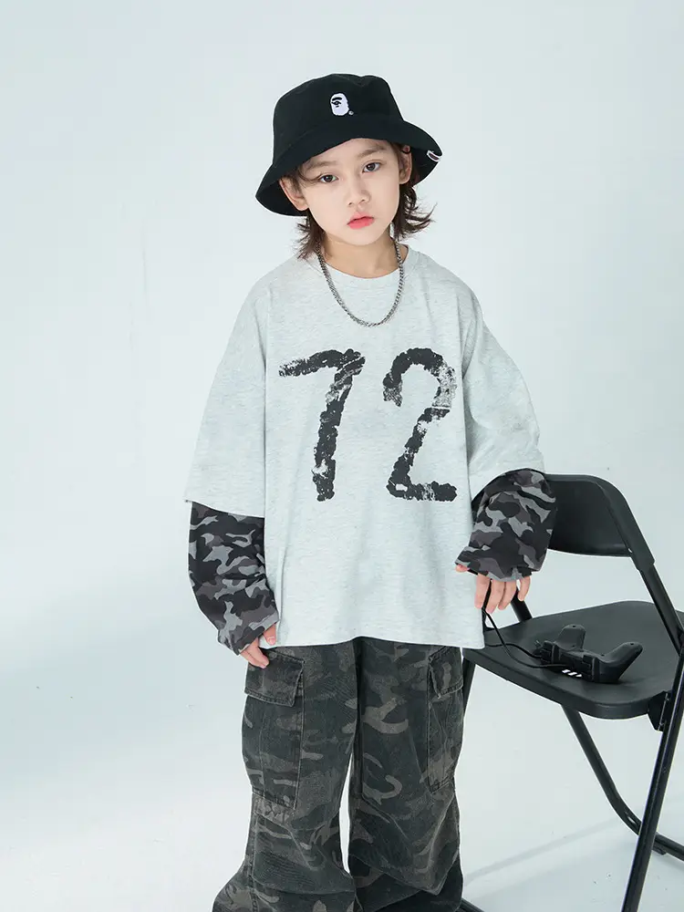 Boys Fake Two-Piece Long Sleeve T-Shirt Grey Camo Pants Set - Image 5