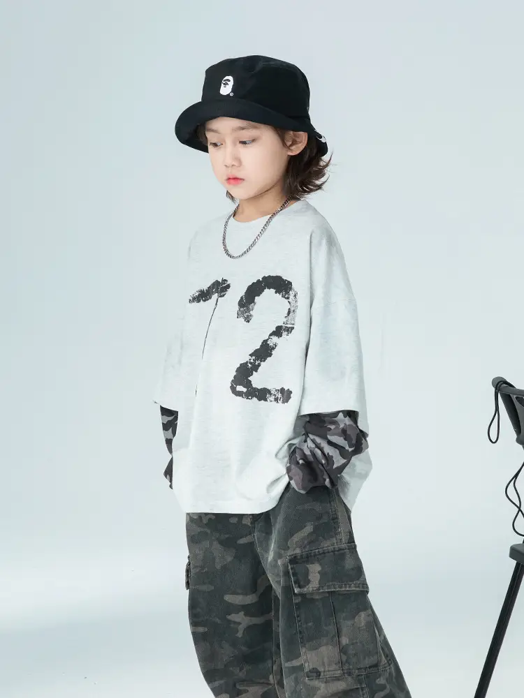 Boys Fake Two-Piece Long Sleeve T-Shirt Grey Camo Pants Set - Image 6