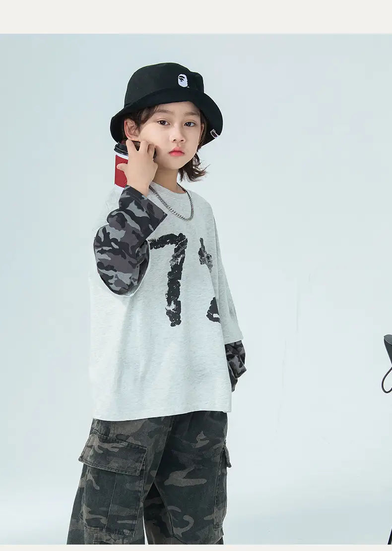 Boys Fake Two-Piece Long Sleeve T-Shirt Grey Camo Pants Set — feature 10