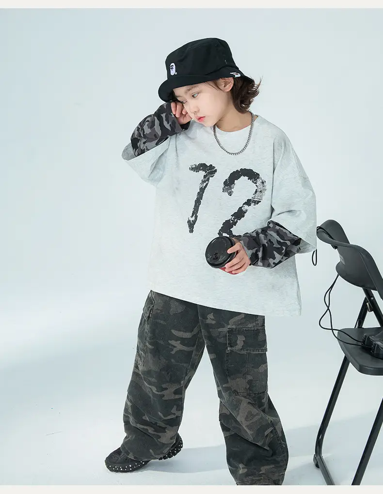 Boys Fake Two-Piece Long Sleeve T-Shirt Grey Camo Pants Set — feature 11