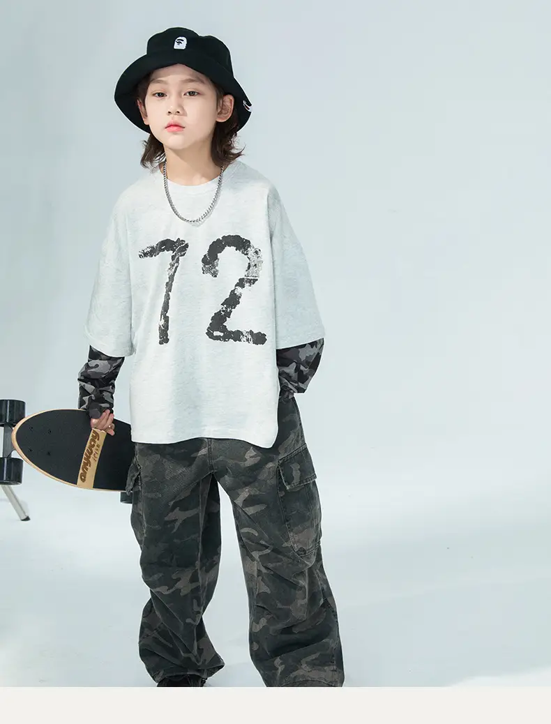 Boys Fake Two-Piece Long Sleeve T-Shirt Grey Camo Pants Set — feature 12