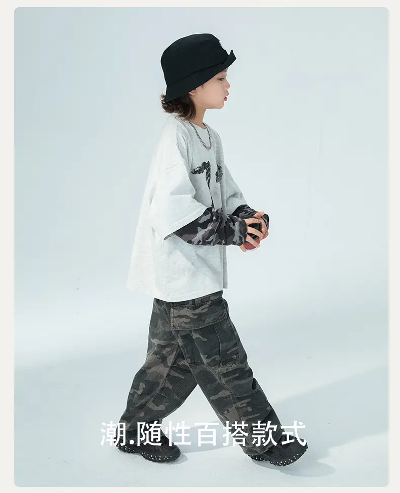 Boys Fake Two-Piece Long Sleeve T-Shirt Grey Camo Pants Set — feature 2