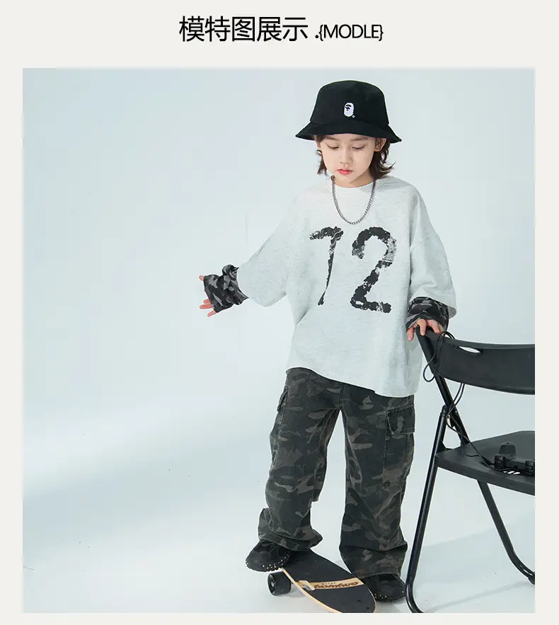 Boys Fake Two-Piece Long Sleeve T-Shirt Grey Camo Pants Set — feature 5