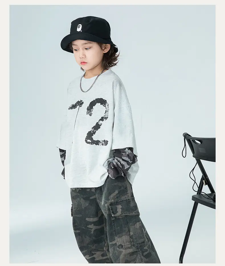 Boys Fake Two-Piece Long Sleeve T-Shirt Grey Camo Pants Set — feature 6